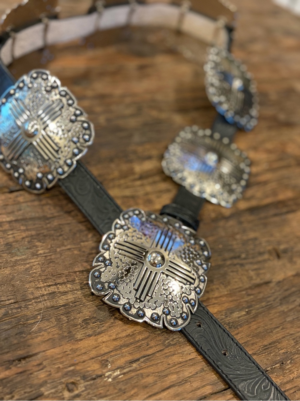 Western Concho Leather Belt with Silver-Tone Medallions